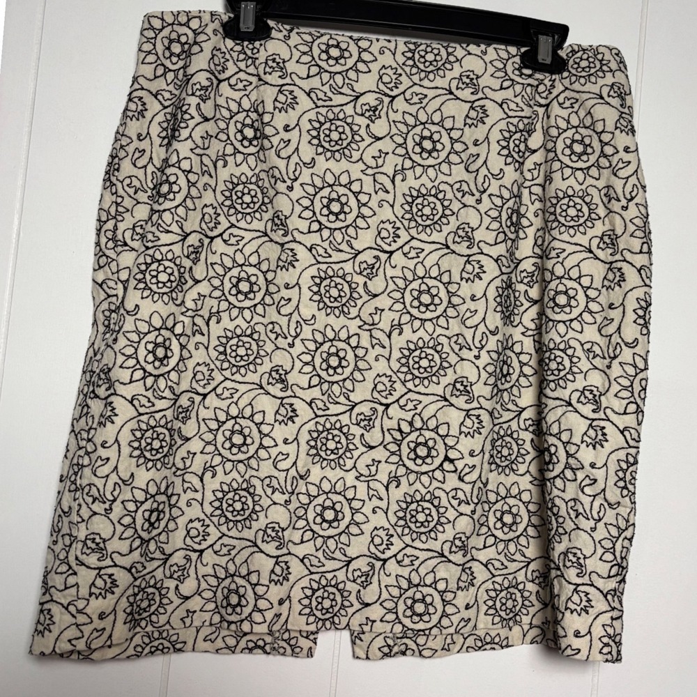 Floral Linen Blend Embroidered Pencil Skirt Cream Black Plus Sz 16 Minimalist